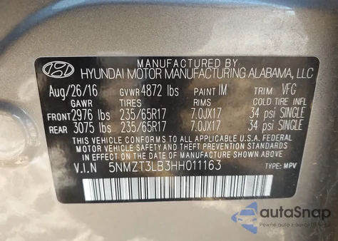 2017 Hyundai Santa Fe Sport 2.4L z USA, uszkodzony, nr VIN 5NMZT3LB3HH011163